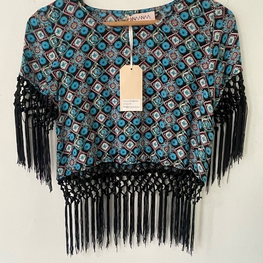 VVNVVN Vivian Chan Womens Size S Boho Festival Macrame Black Blue Cropped Top